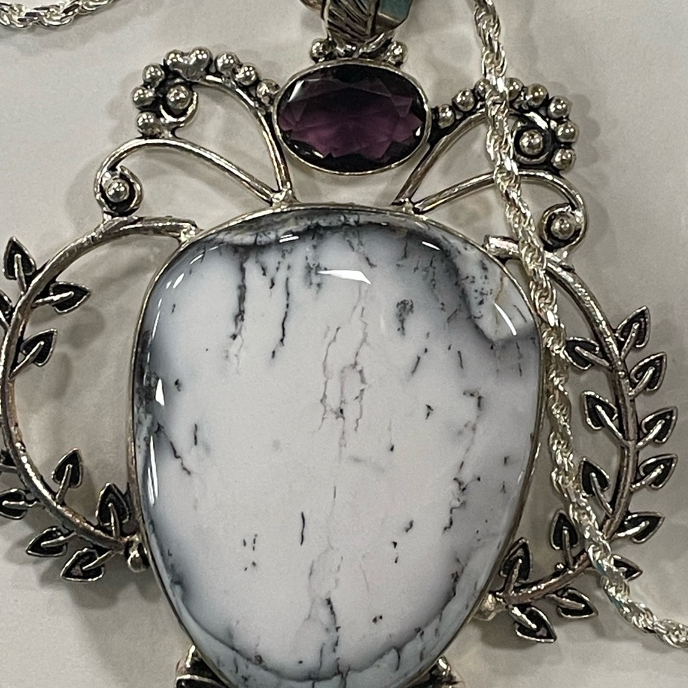 Elegant Dendrite and Amethyst in Sterling Silver Ornate Pendant.